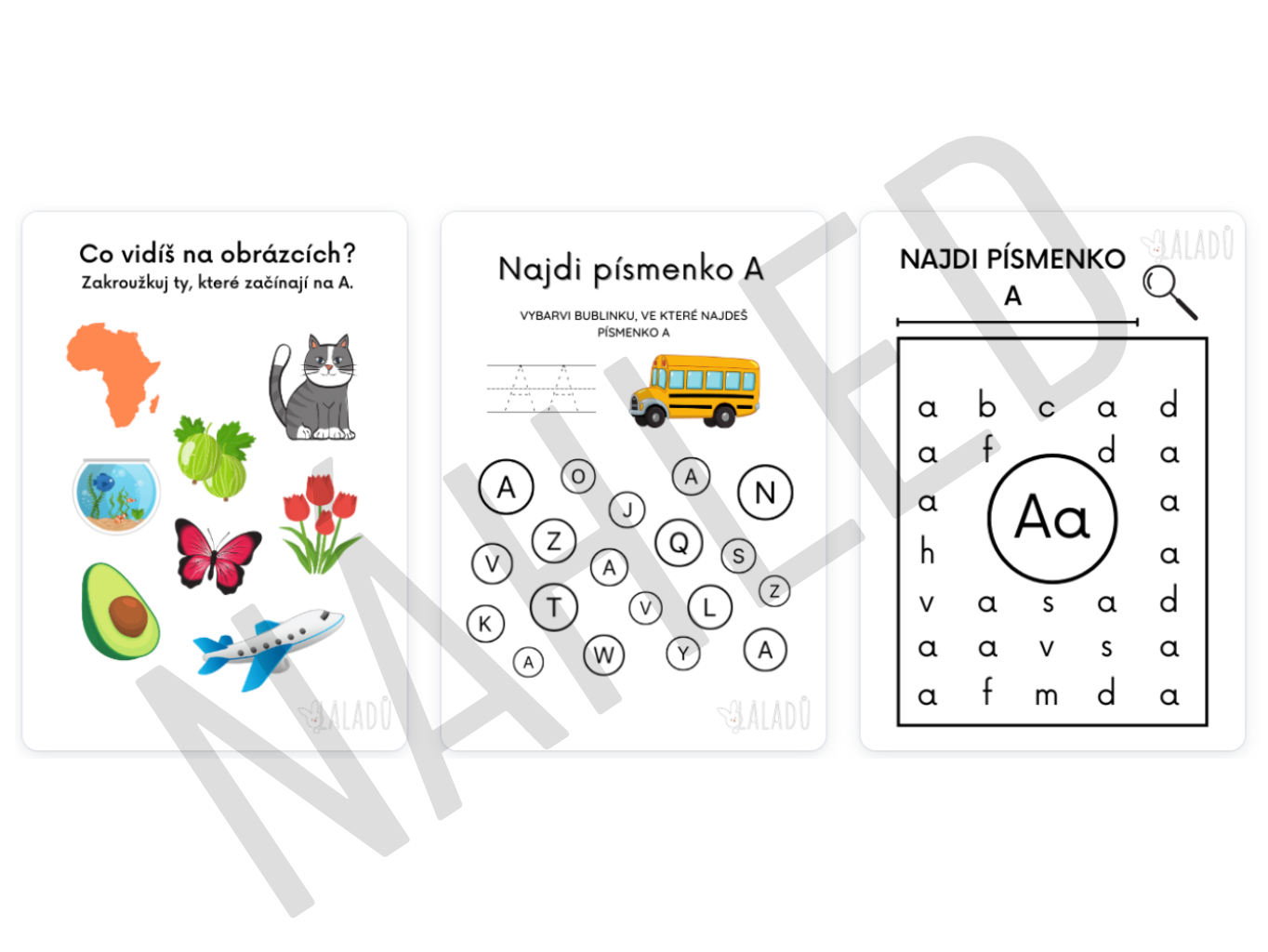 Pracovní listy k učení abecedy pro děti – písmeno A, spojování obrázků a písmen