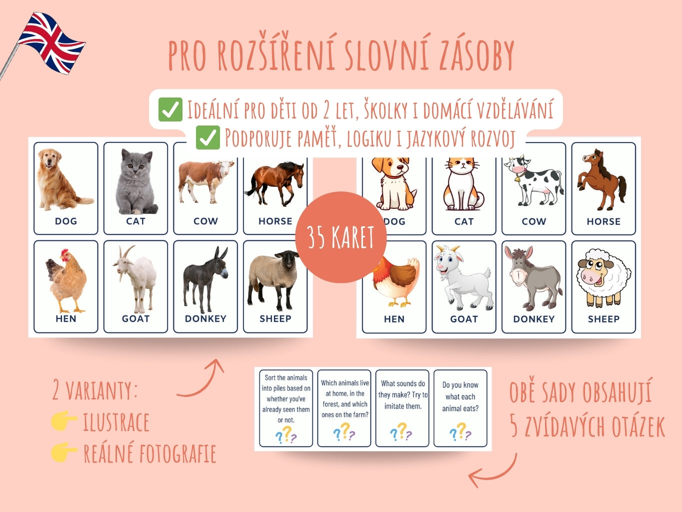 Výukové kartičky se zvířátky – domácí, lesní a hospodářská zvířata v angličtině