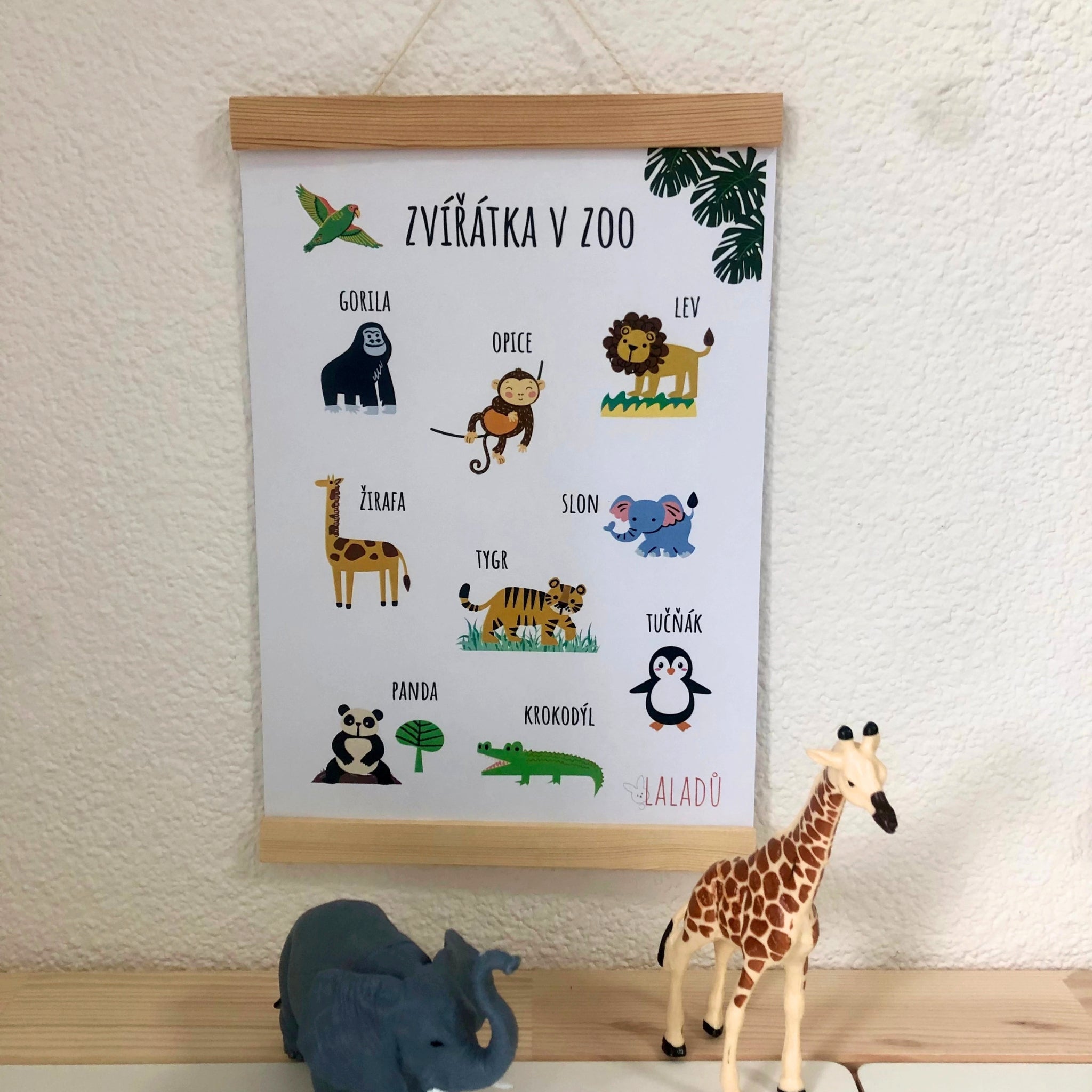 Dětský vzdělávací plakát Zvířátka v zoo s obrázky a názvy zvířat