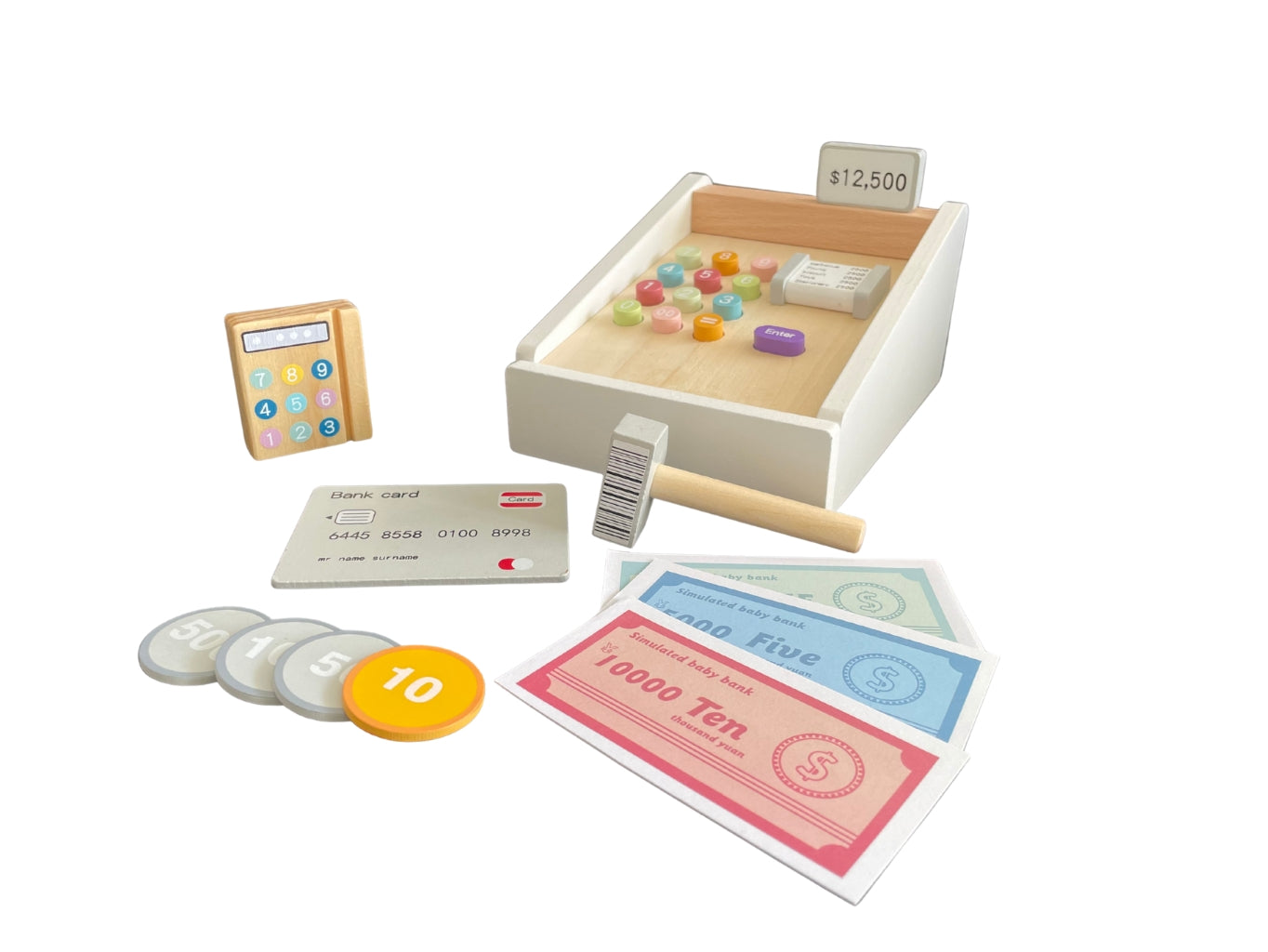 Dřevěná dětská pokladna s penězi a kartou na hraní