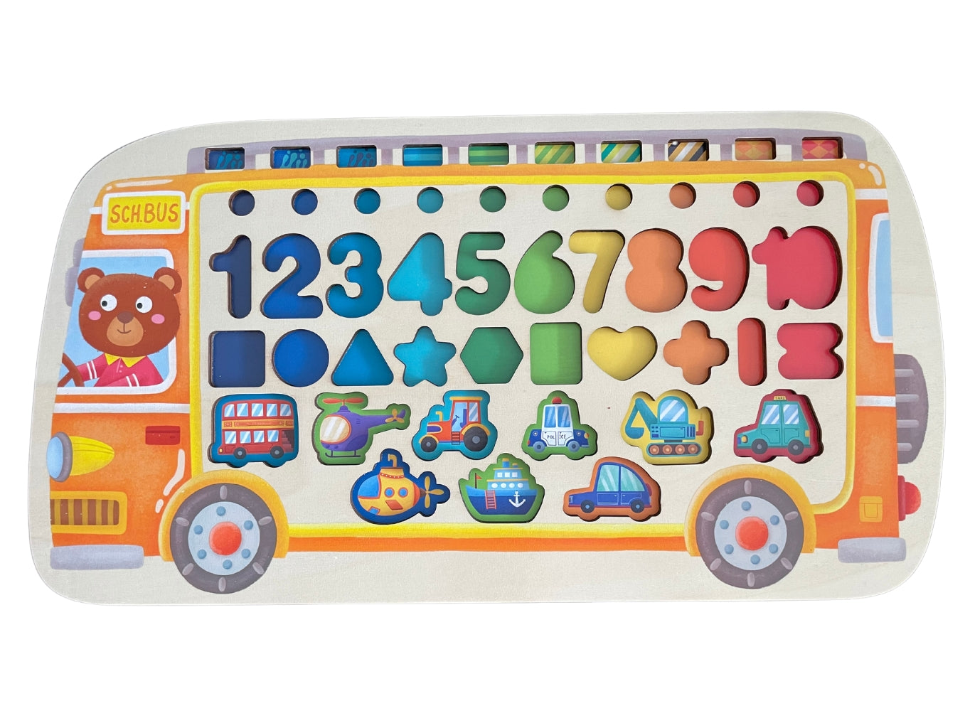Dřevěná učící hra autobus – puzzle s čísly a tvary