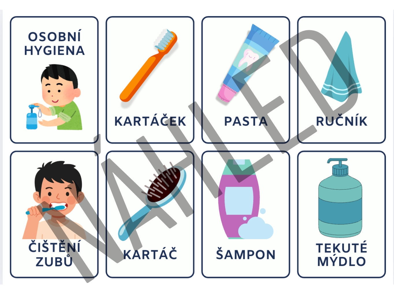 Výukové kartičky o osobní hygieně – čištění zubů, mytí rukou, koupání