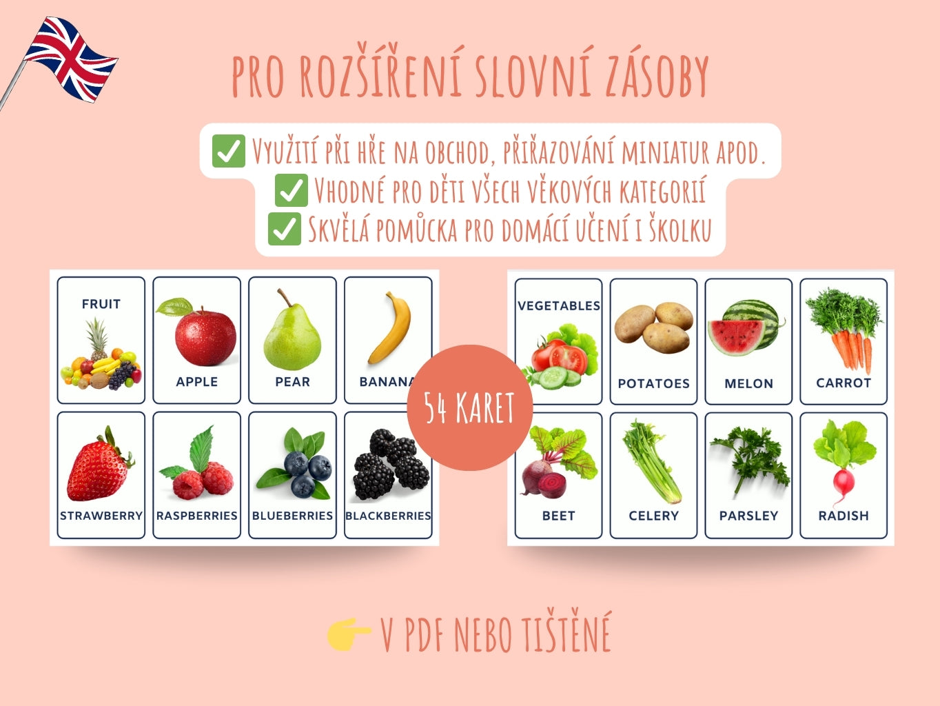 Výukové kartičky s ovocem a zeleninou v angličtině pro děti