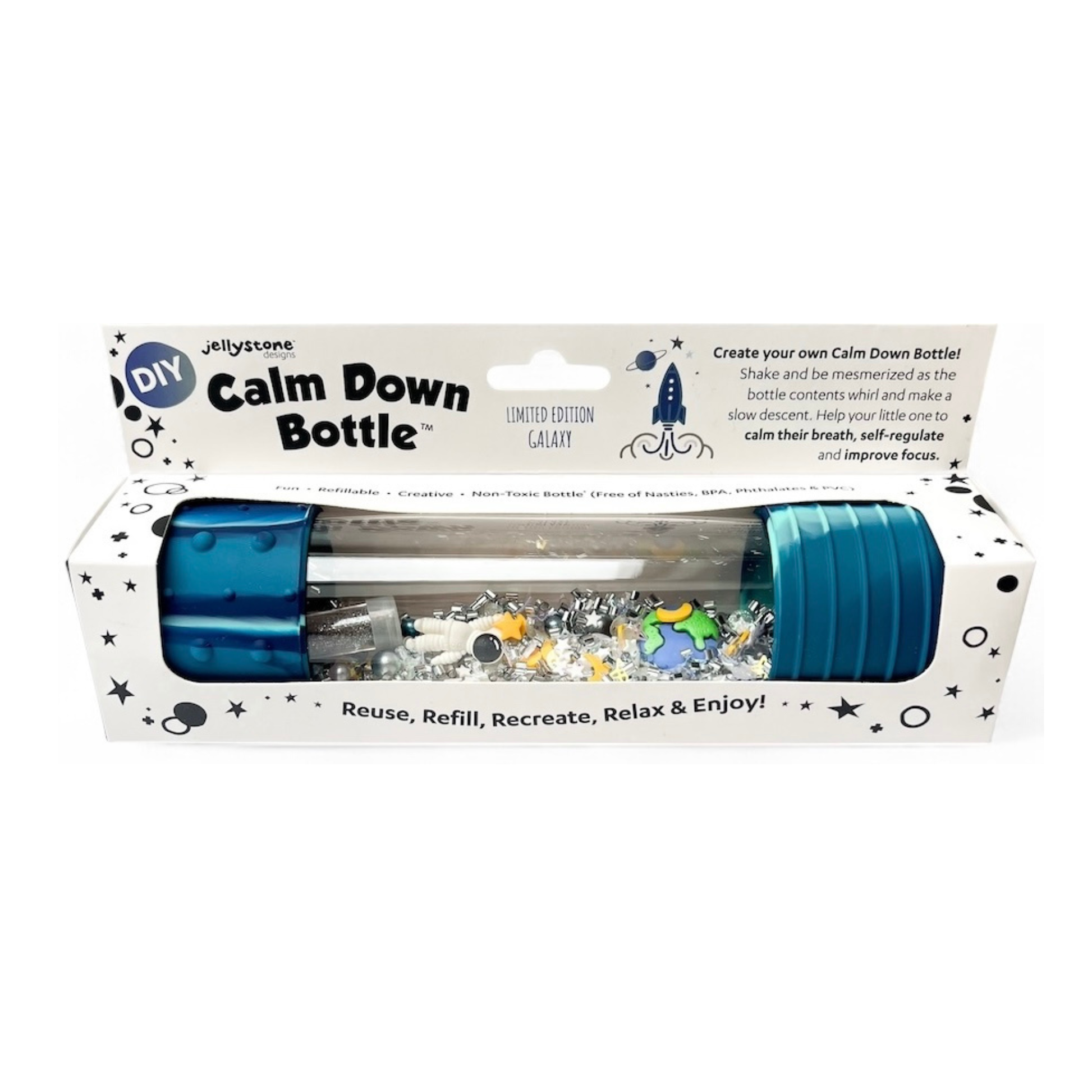 Jellystone DIY Calm Down Bottle Galaxie – znovuplnitelná senzorická láhev pro děti