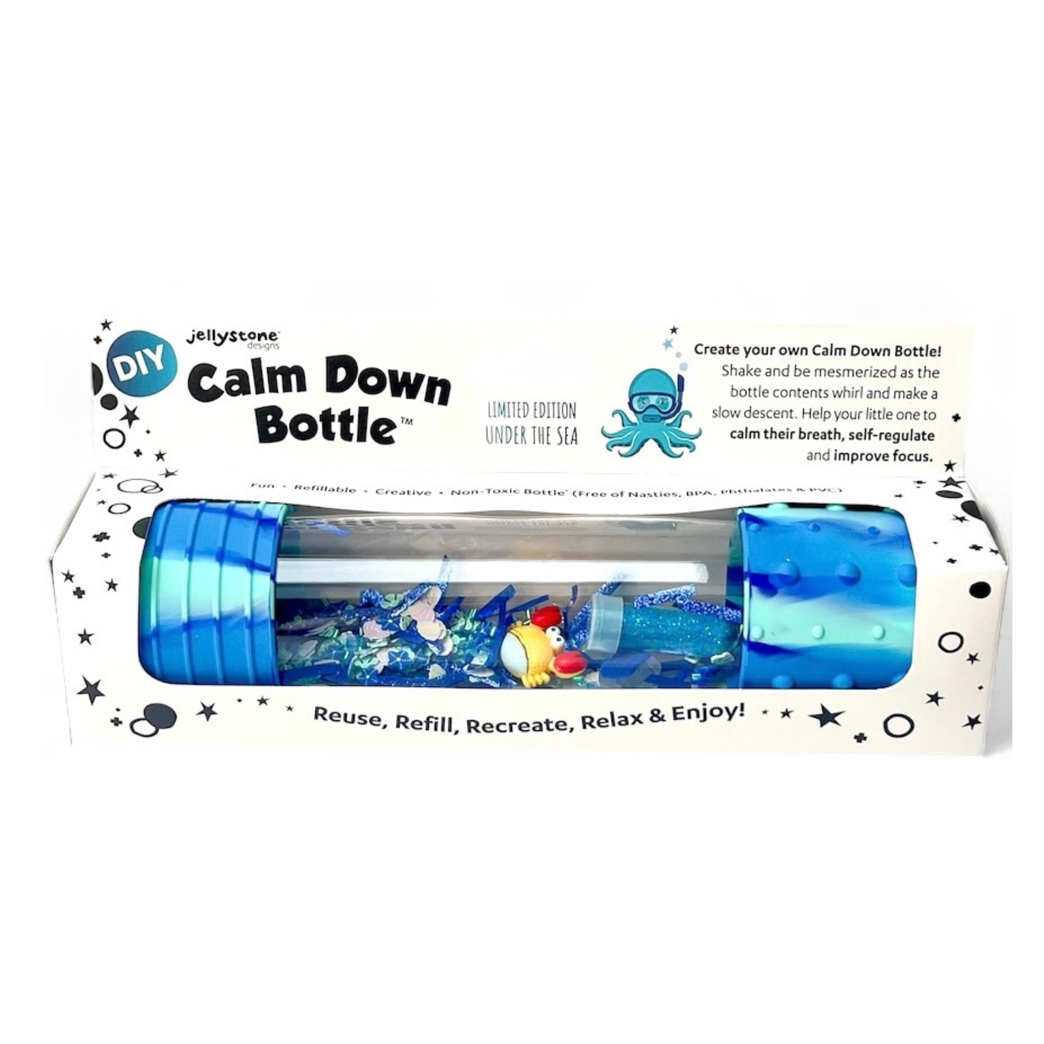 Jellystone DIY Calm Down Bottle Oceán – senzorická láhev s podmořskou kreativní náplní