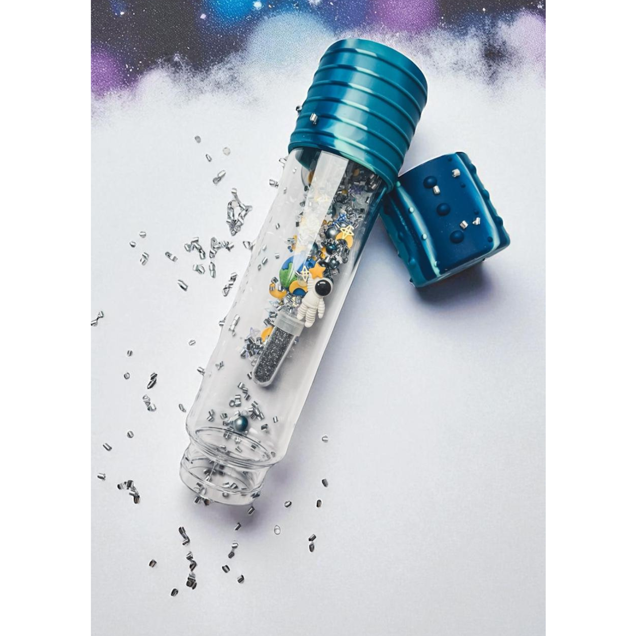 DIY senzorická láhev Jellystone Galaxie s vesmírnou kreativní náplní a třpytkami
