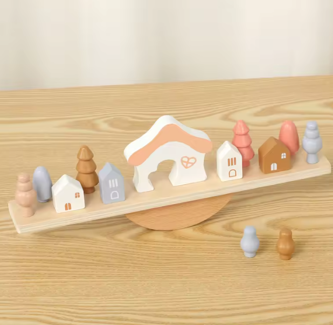 Montessori balanční hra s domečky a půlkruhovou podložkou