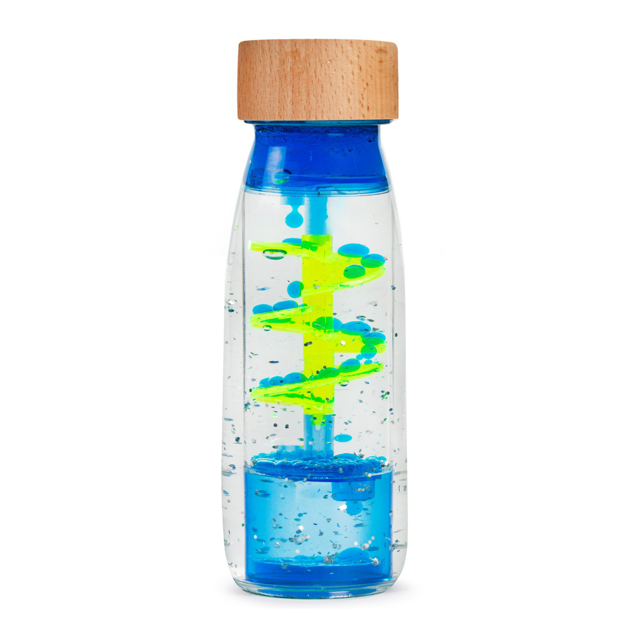 Modrá senzorická lahvička Petit Boum MOVE Spiral Blue s kapkami a spirálou