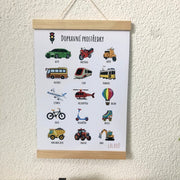 Dětský vzdělávací plakát Dopravní prostředky A4 s obrázky a českými názvy