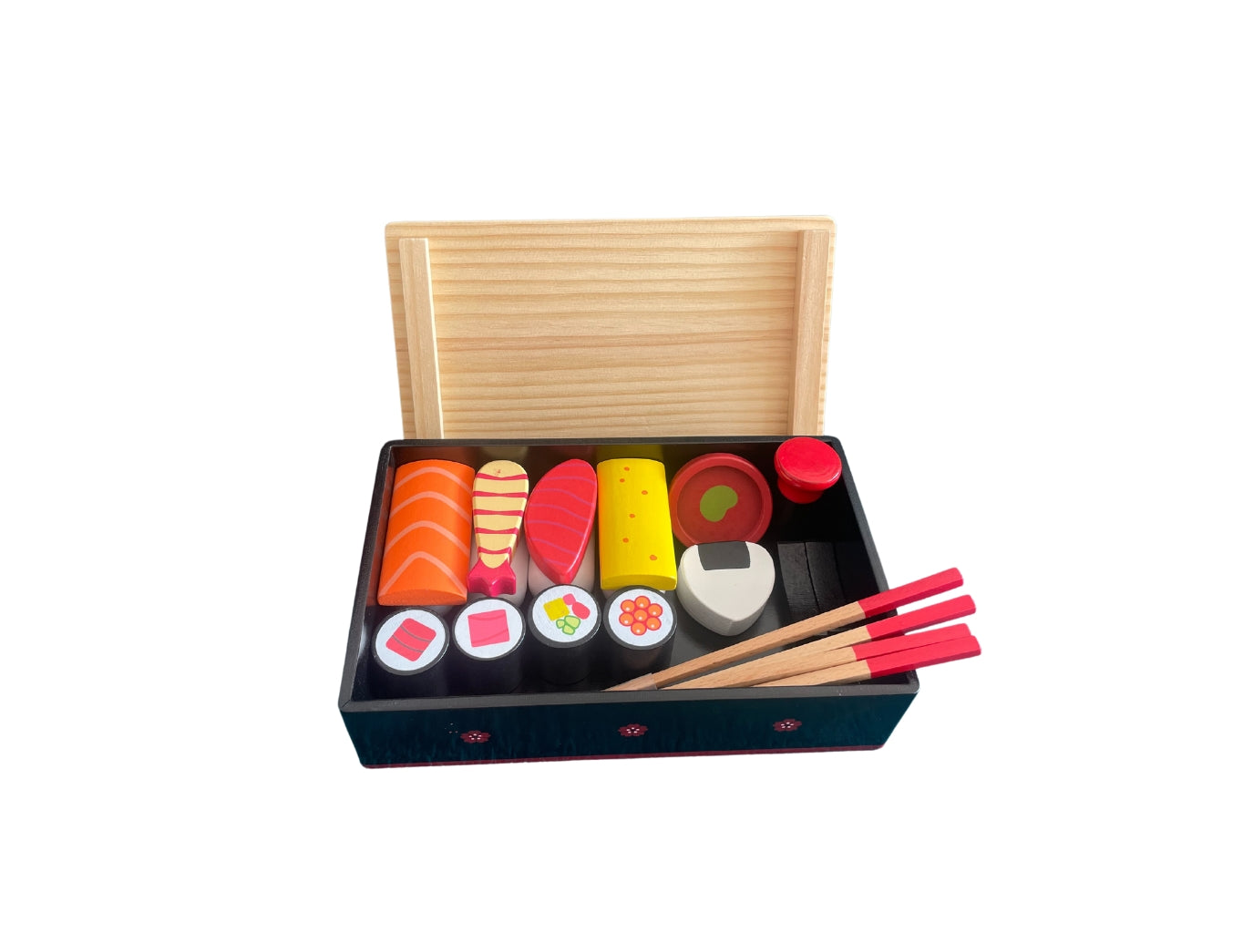 Dětská hračka sushi z dřeva s boxem a doplňky