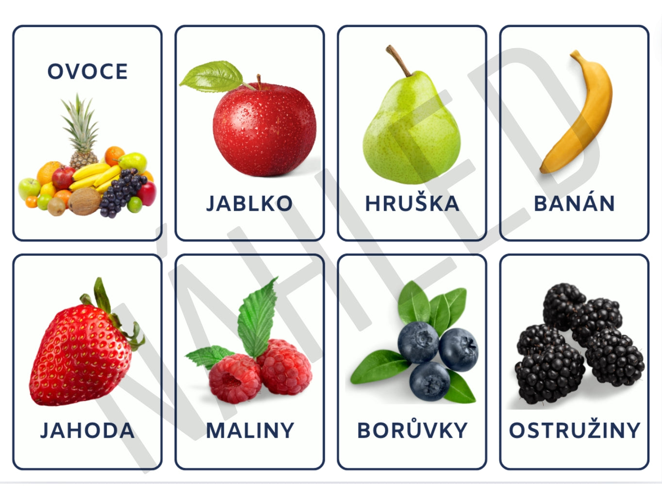 Edukační kartičky s názvy ovoce a zeleniny – jablko, mrkev, meloun